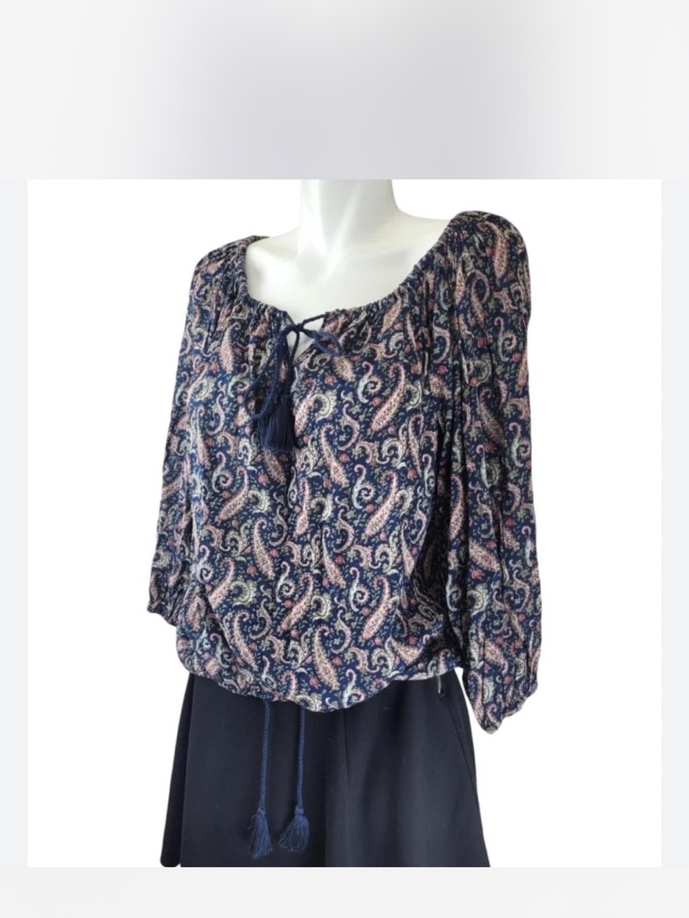 Denim & Supply Ralph Lauren Navy Paisley Tie-Front Peasant Top